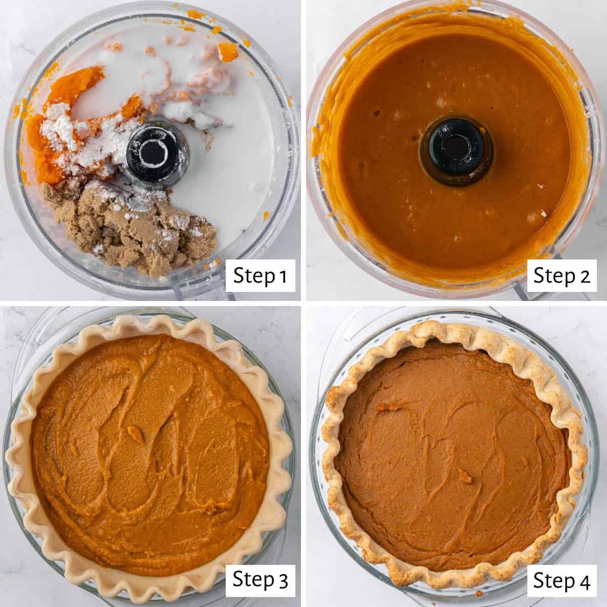 4 image collage making recipe filling: 1- ingredients in a food processor before processing, 2- after to show smooth consistency, 3- added to pie crust before baking 4- after baking.