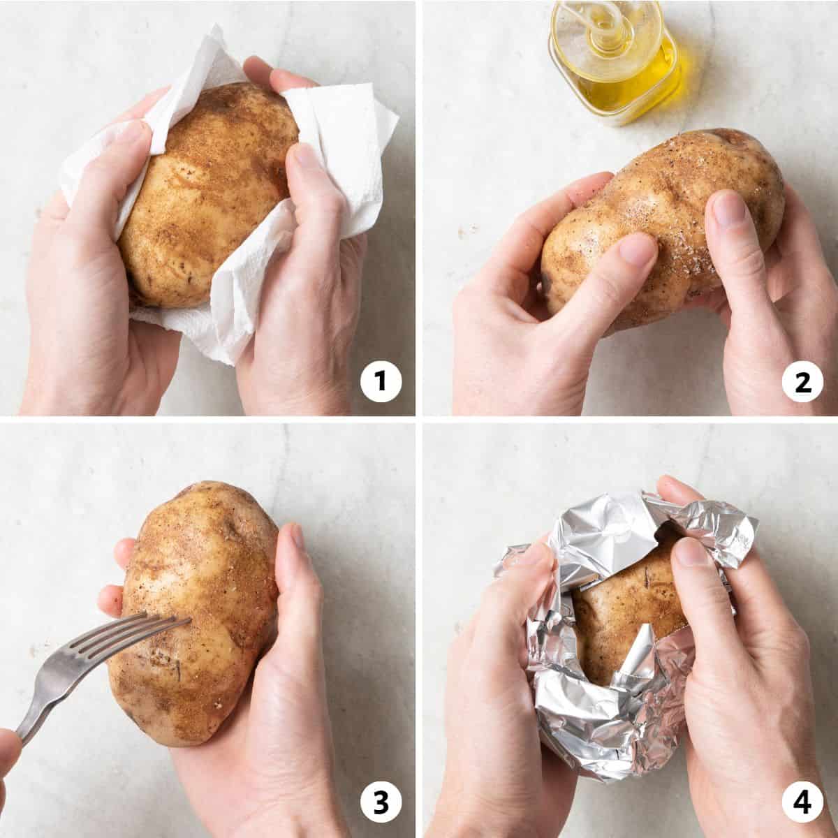 4 image collage making recipe: 1- drying a rinsed baking potato with paper towels, 2- rubbing oil over the skin of the potato, 3- piercing it with a fork, 4- wrapping with foil.