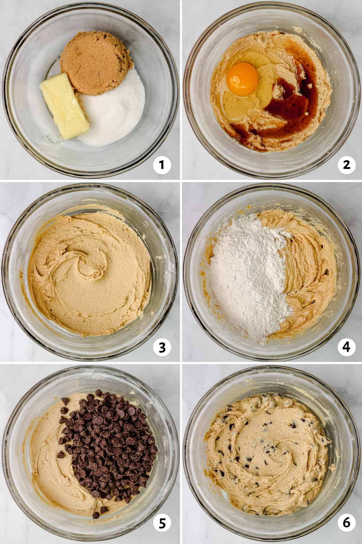 6 image collage making recipe: 1- butter and sugars in a bowl, 2- after creaming with an egg and vanilla added, 3- after mixing, 4- flour mixture added, 5- chocolate chips added to dough, 6- cookie dough after combined.