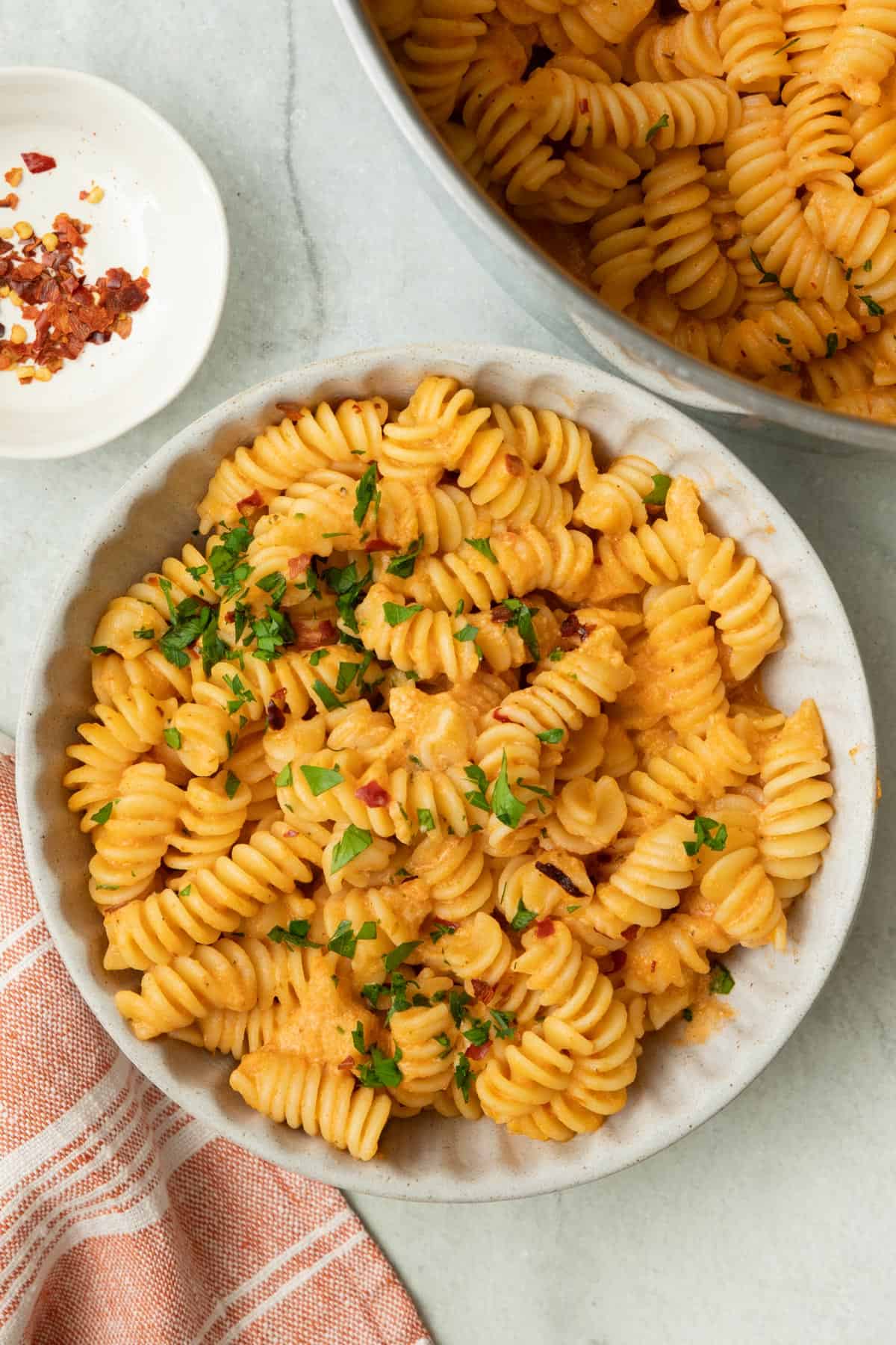 Cottage cheese tomato pasta in a serving bowl with garnishes and a little extra parmesan. Pot of pasta nearby