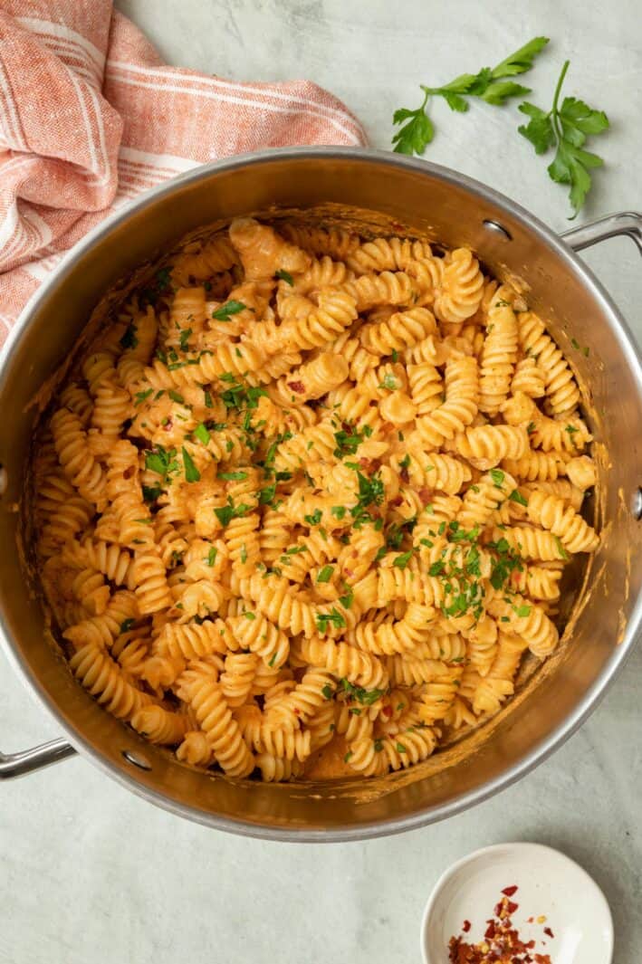 Cottage Cheese Tomato Pasta in a pot garnished with fresh parsley.