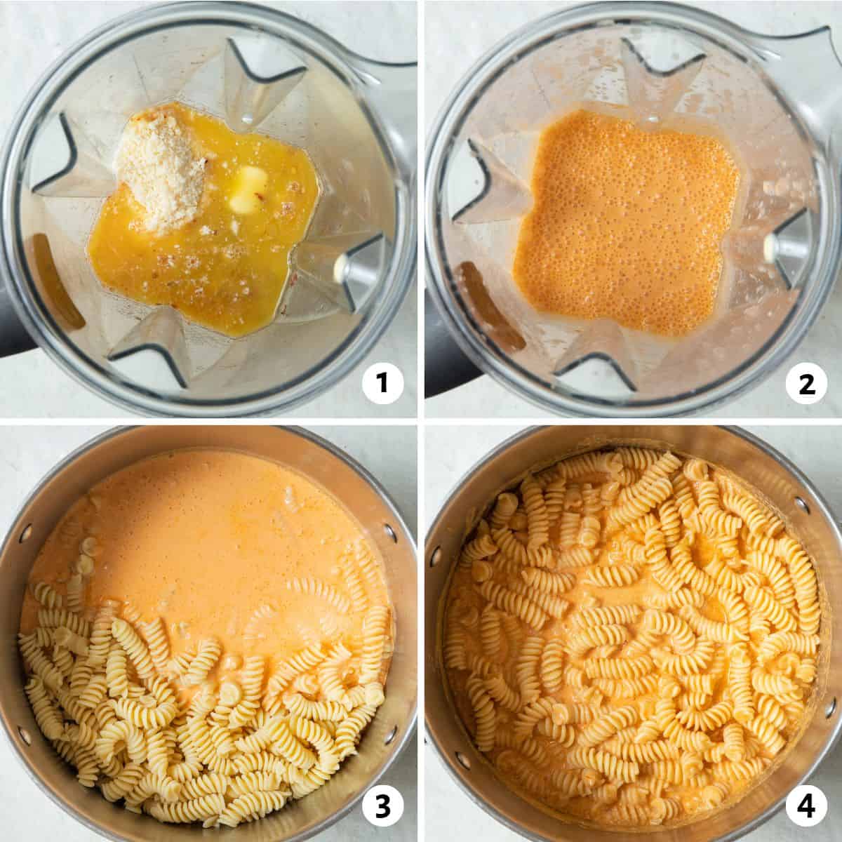 4 image collage making recipe: 1- sauce ingredients in a blender, 2- after blending smooth, 3- sauce added to pot with cooked pasta, 4- after combined.