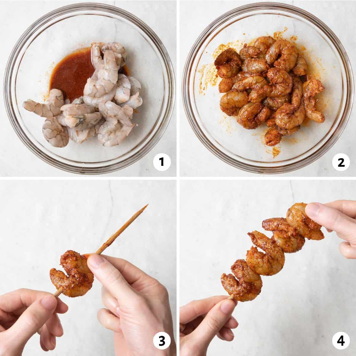 4 image collage preparing recipe: 1- raw shrimp in a bowl with oil and seasoning mixture, 2- shrimp after fully coated, 3- threading one shrimp on a wooden skewer, 4- adding the last shrimp.