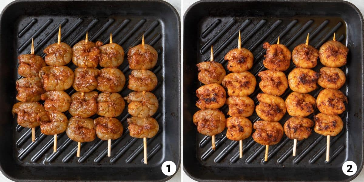 2 image collage of shrimp kabobs on a grill pan before and after flipping.
