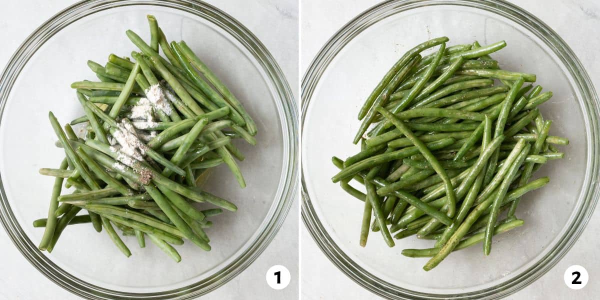 2 image collage of string beans in a bowl with seasoning before and after tossing.