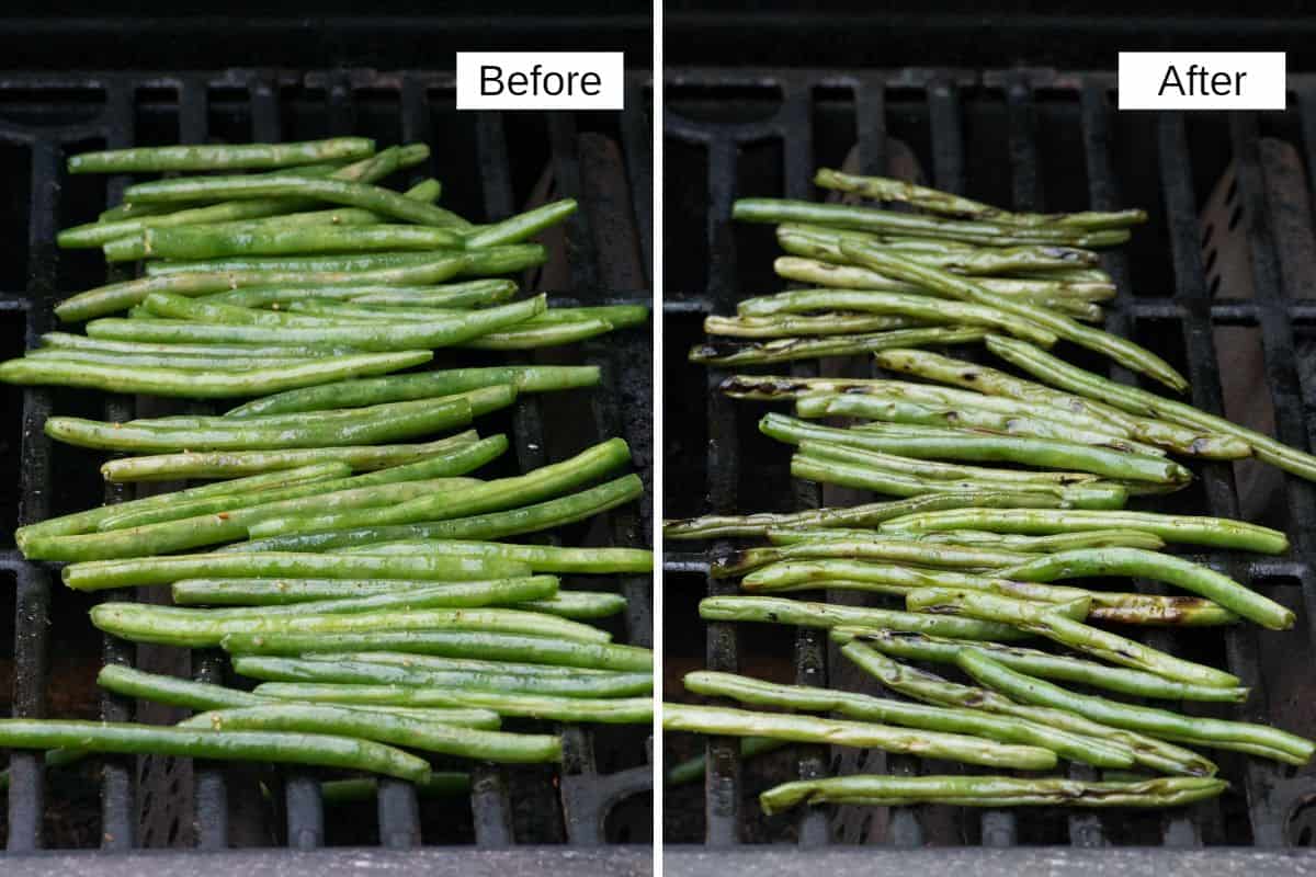 2 image collage of green beans on the grill before and after being flipped to show char marks.