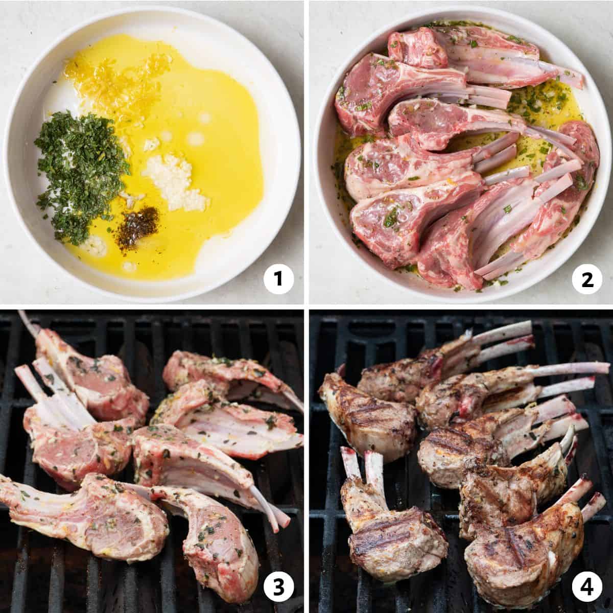 4 image collage making recipe: 1- oil and seasoning in a large shallow bowl, 2- lamb chops added and tossed in oil mixture, 3- chops on the grill, 4- after grilling to show grill marks and doneness.