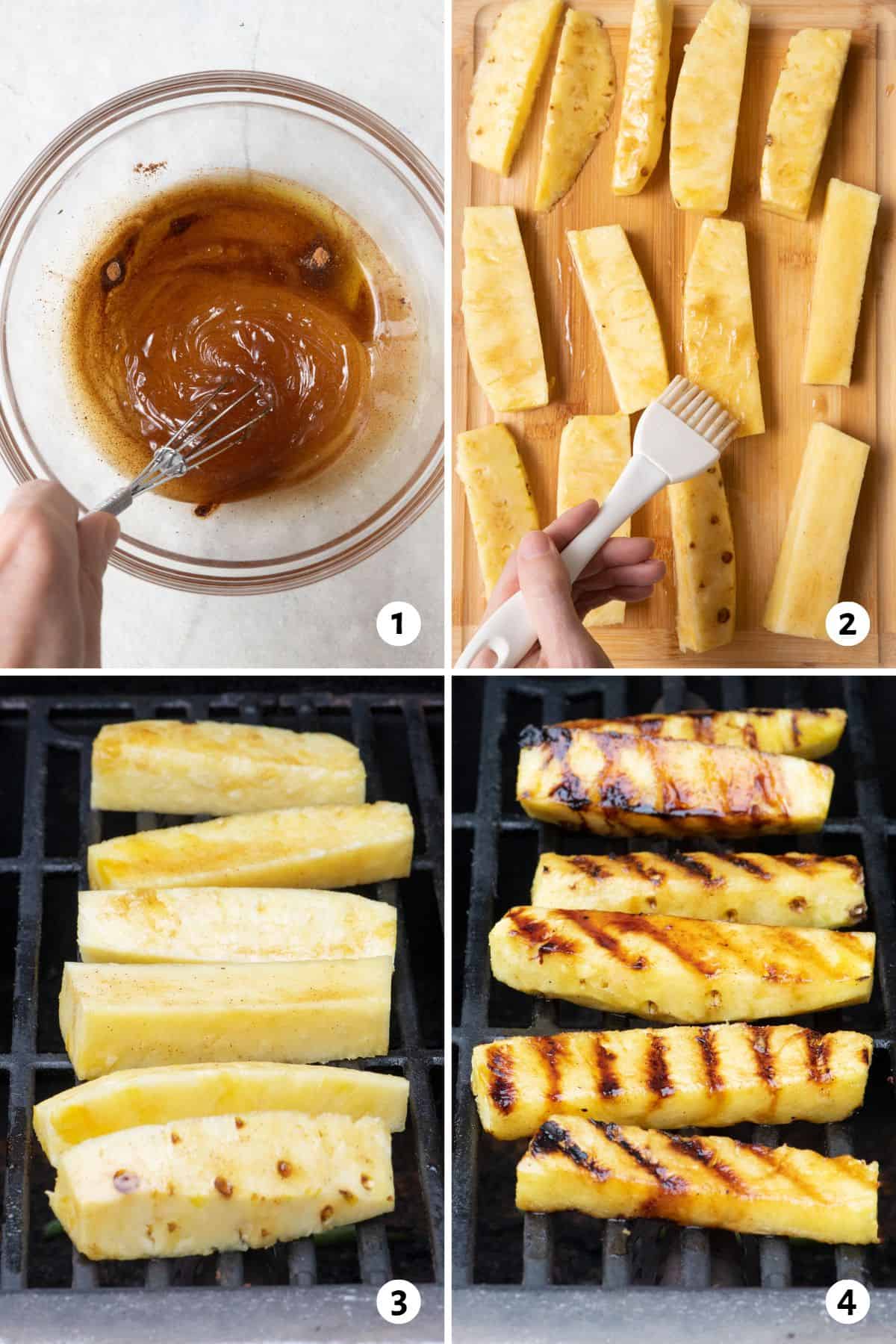 4 image collage making recipe: 1- whisking together honey, cinnamon and oil in a bowl, 2- brushing pineapple spears with honey mixture on a cutting board, 3- honey glazed pineapple spears on a grill, and 4- after flipping to show grill marks.