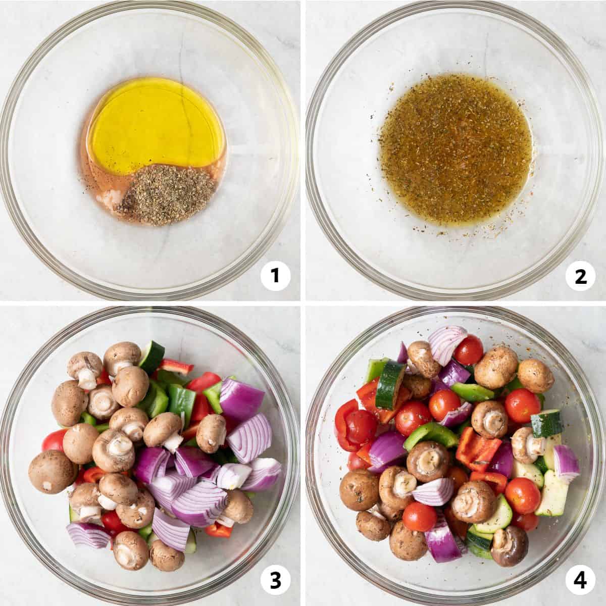 4 image collage preparing recipe: 1- oil, vinegar, and spices in a bowl, 2- after emulsifying, 3- fresh vegetable medley added to bowl, 4- after coating with mixture.
