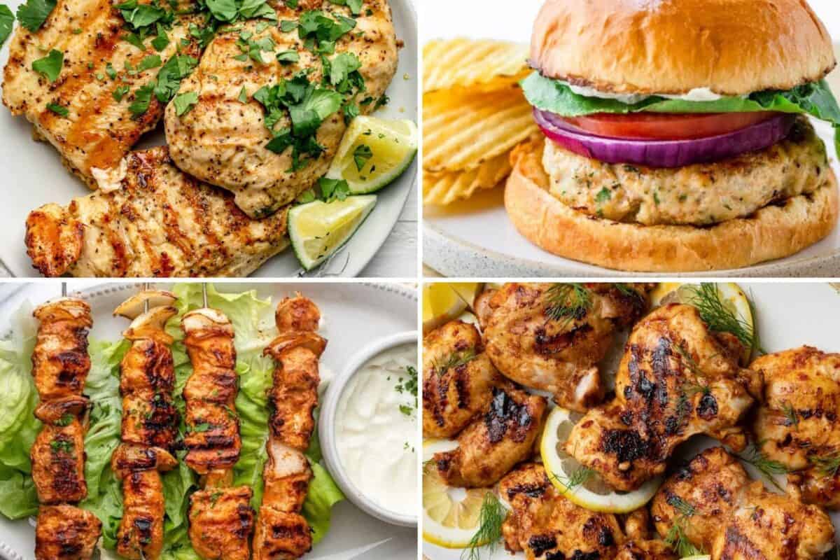 4 image collage of grilled chicken recipes.