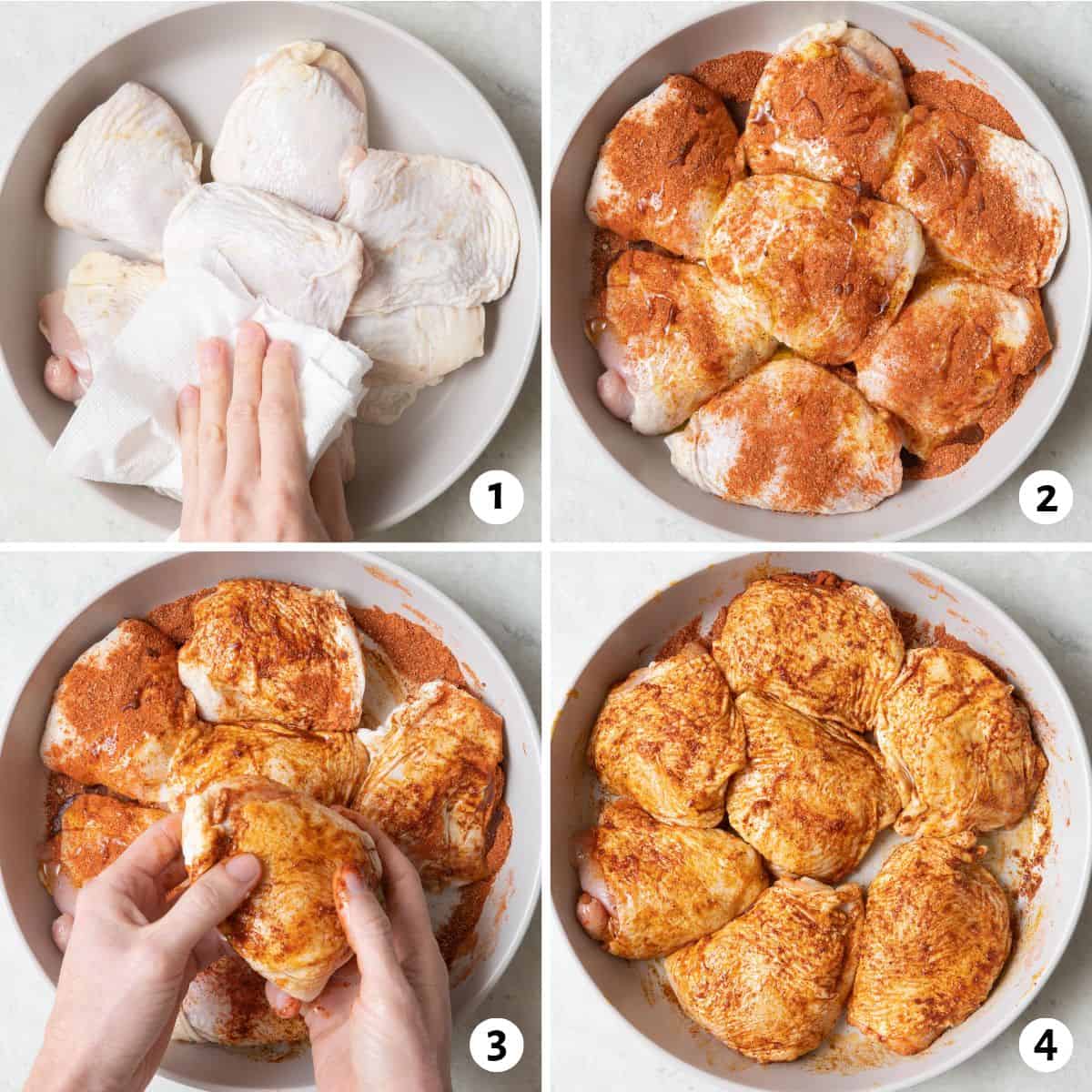 4 image collage seasoning meat: 1- paper towel patting chicken dry, 2- bbq seasoning sprinkled on top, 3- hands rubbing the oil and seasoning onto them, 4- after completely coated.