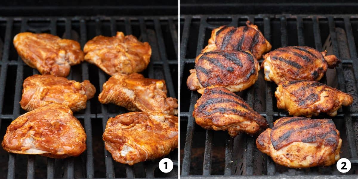 2 image collage making recipe: 1- marinated chicken thighs skin side down on a grill and 2- after flipping to show crispy skin with grill marks.