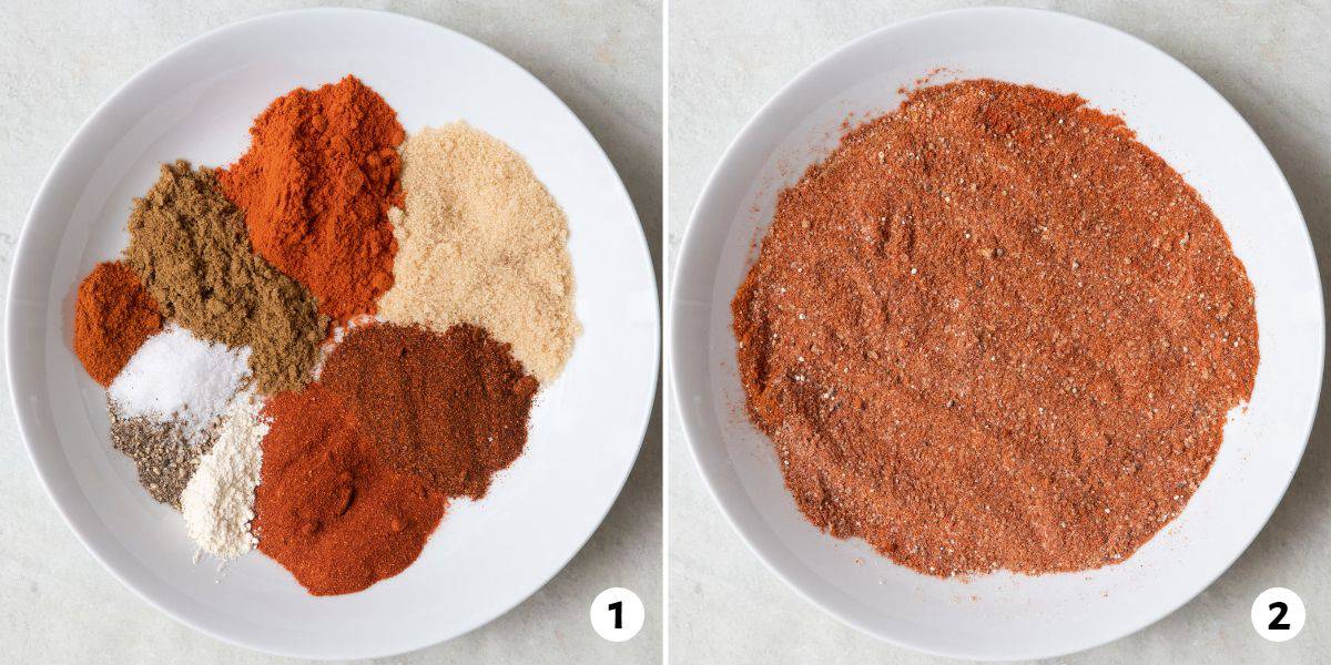 2 image collage of spices in a bowl before and after combining.