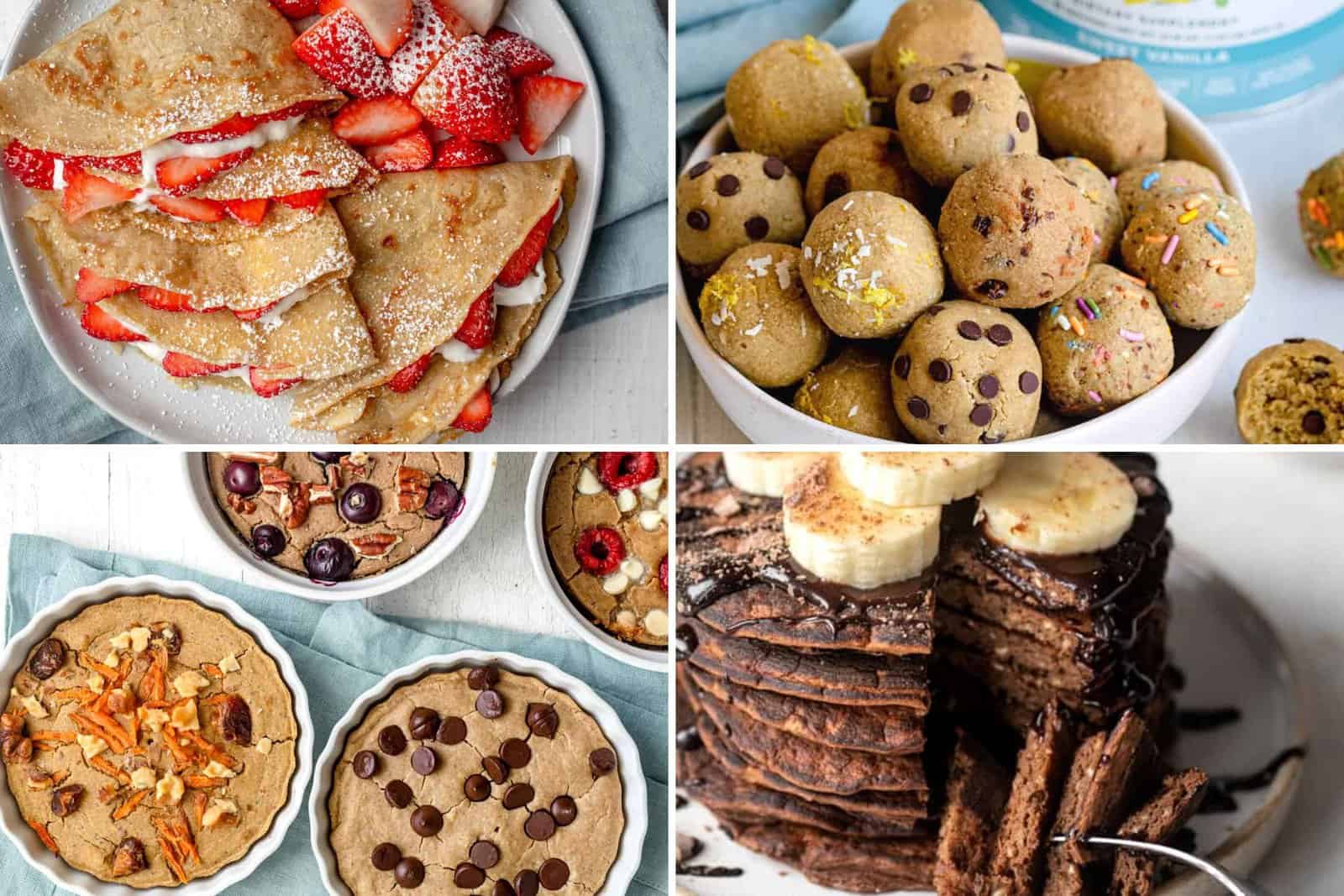 4 image collage of protein powder breakfast recipes.