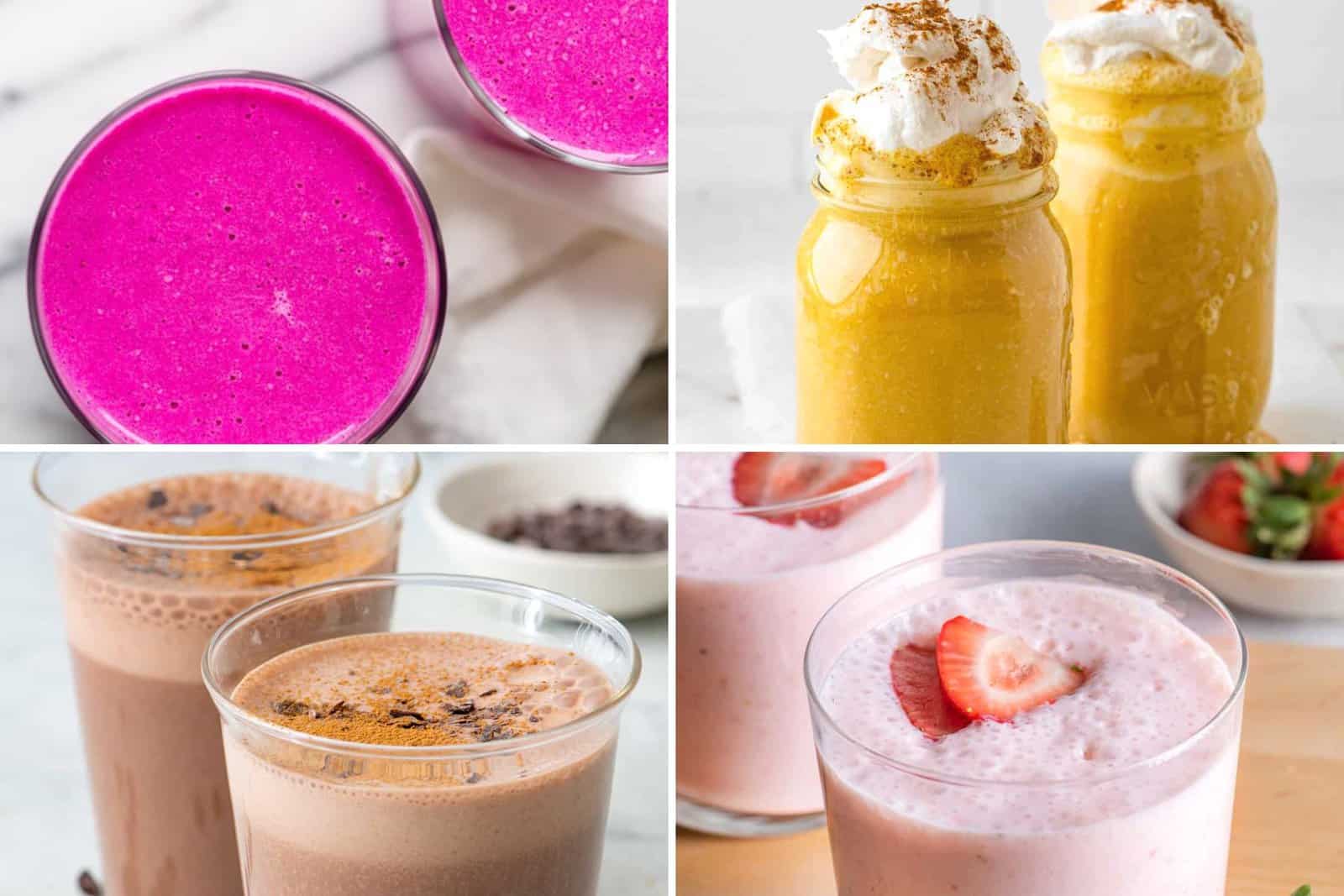 4 image collage of smoothies using protein powder.