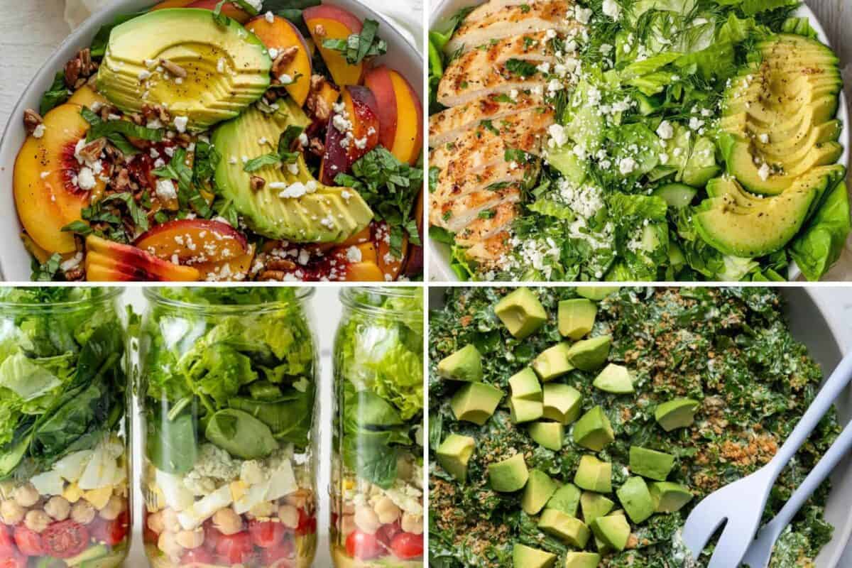 4 image collage of salad recipes.