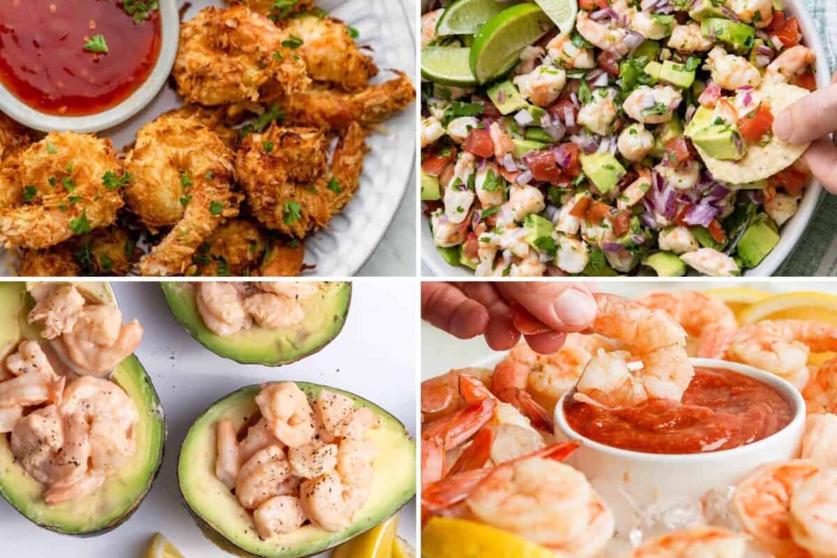 4 image collage of shrimp appetizers.