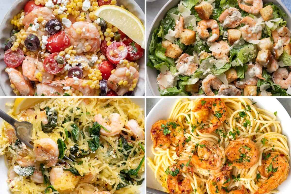 4 image collage of different types of dinners using shrimp.