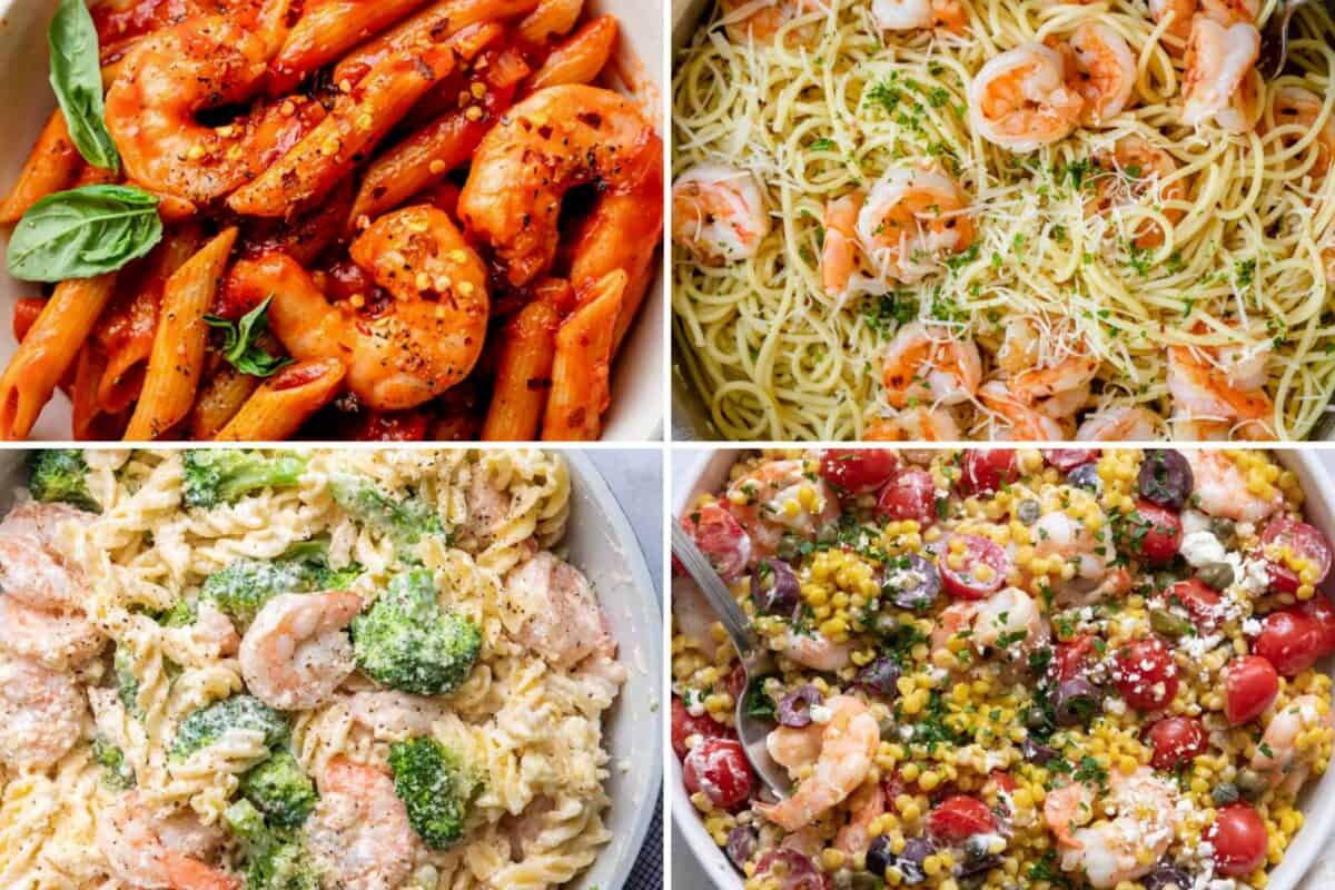 4 image collage of shrimp pasta recipes.