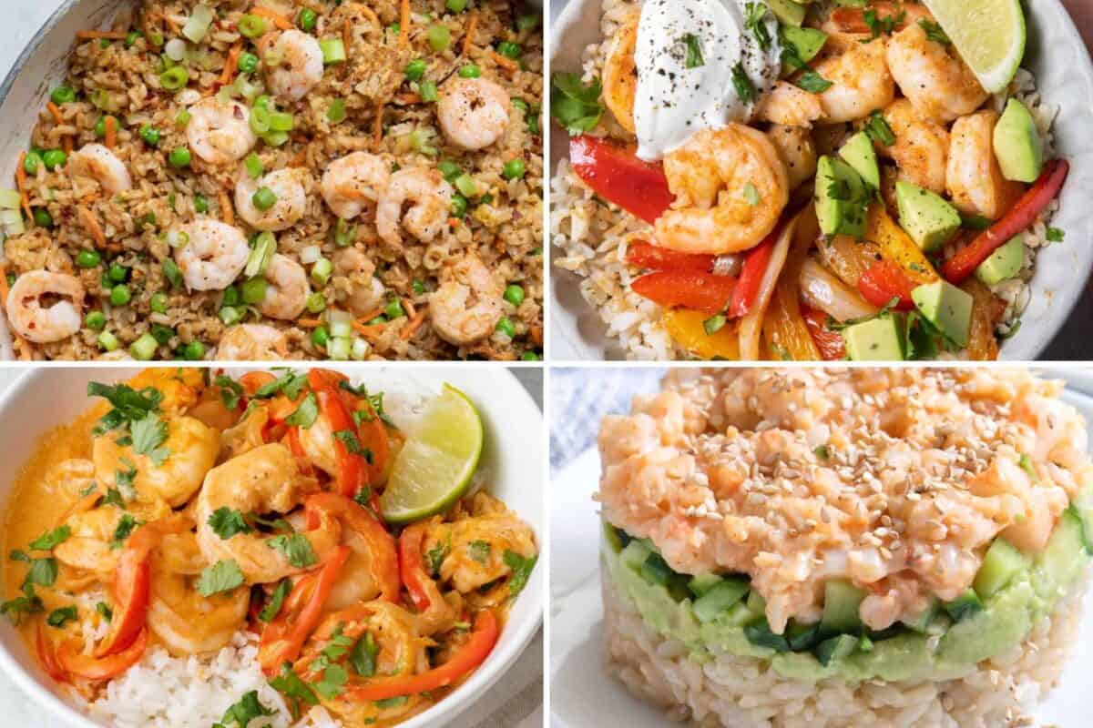 4 image collage of shrimp recipes with rice.
