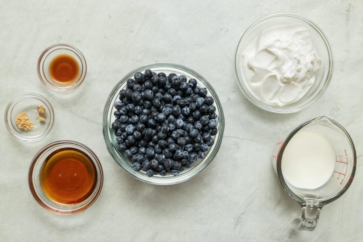 Ingredients for recipe: vanilla, maple syrup, frozen blueberries, ground ginger, yogurt, and milk.