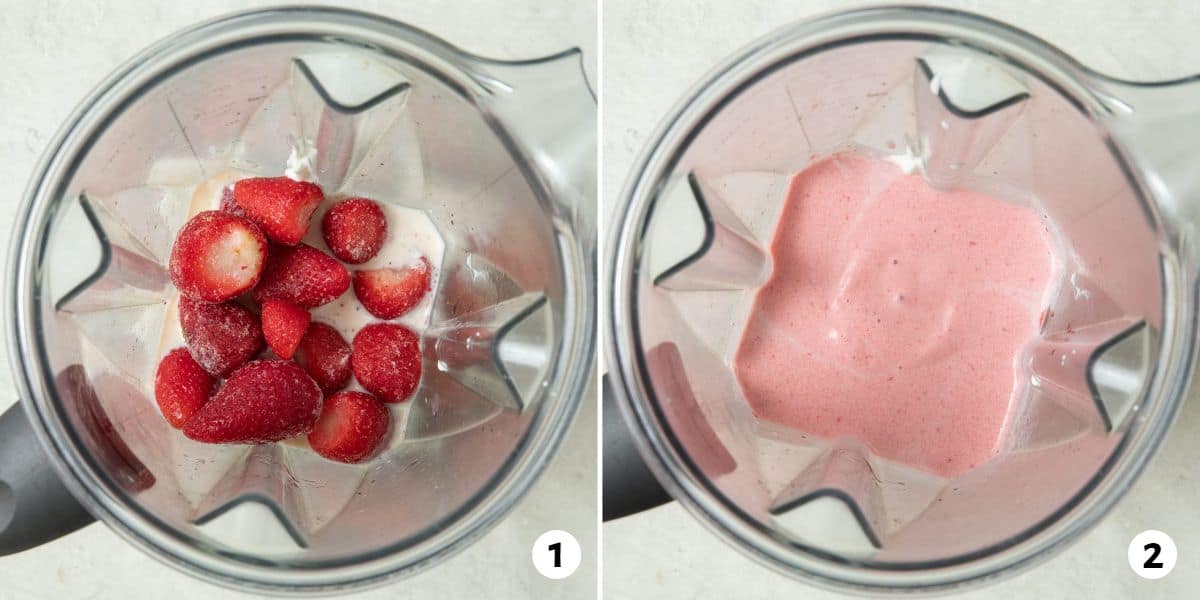 2 image collage of strawberry yogurt ingredients in blender before and after blending.