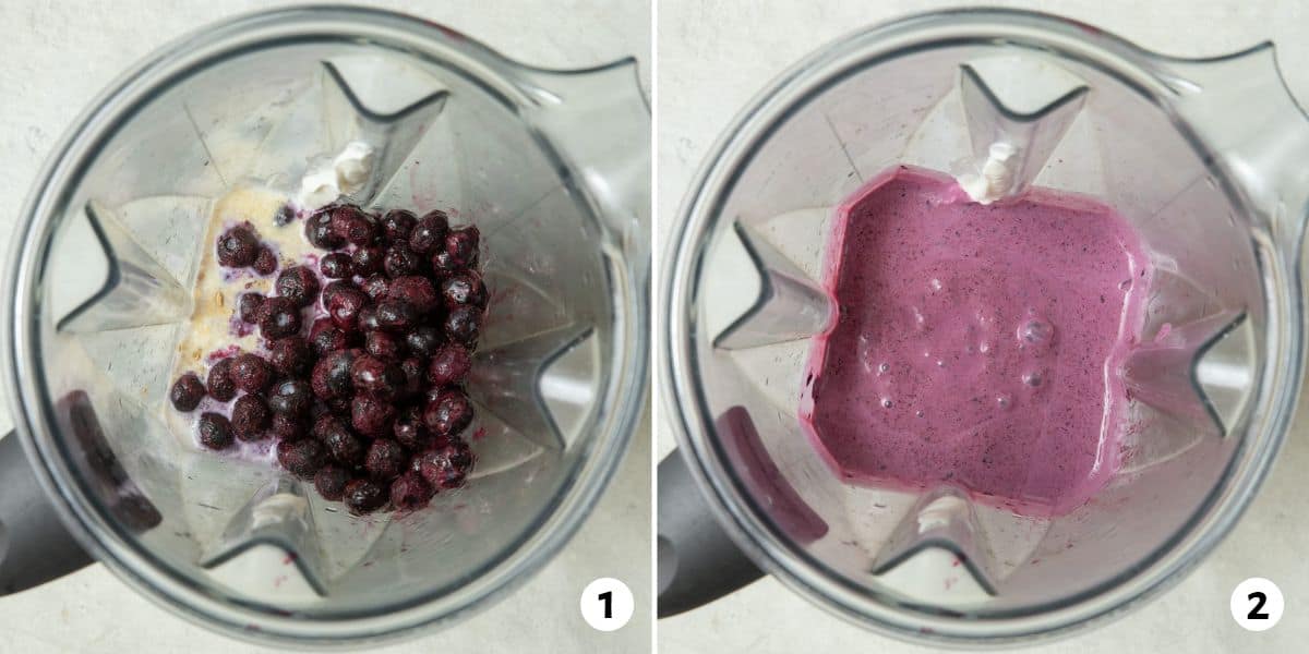 2 image collage of blueberry yogurt ingredients in blender before and after blending.