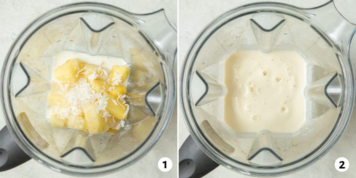 2 image collage of pineapple yogurt ingredients in blender before and after blending.