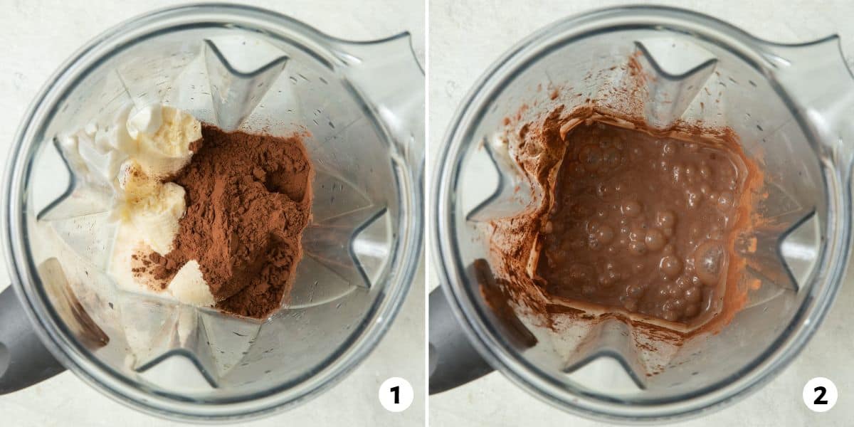 2 image collage of chocolate banana yogurt ingredients in blender before and after blending.