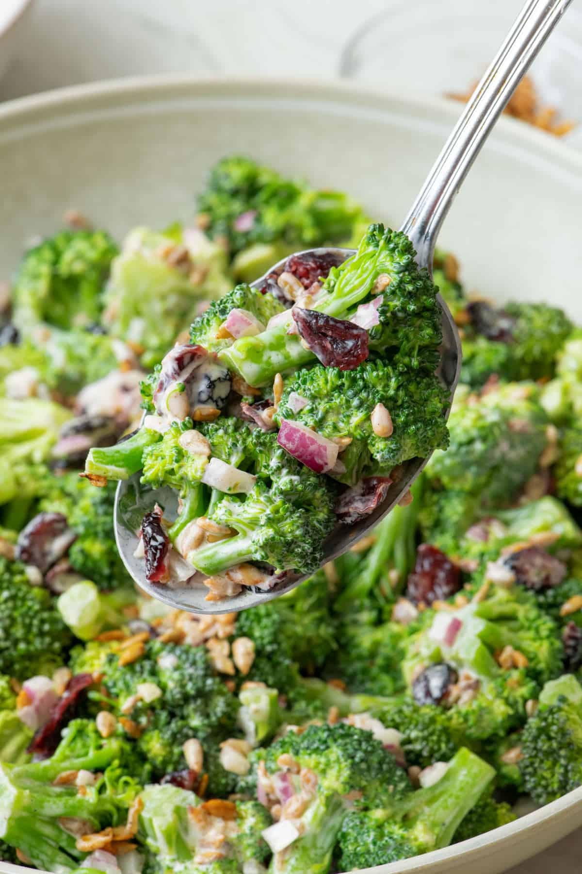 Spoon lifting up broccoli salad up close with bowl of recipe below.