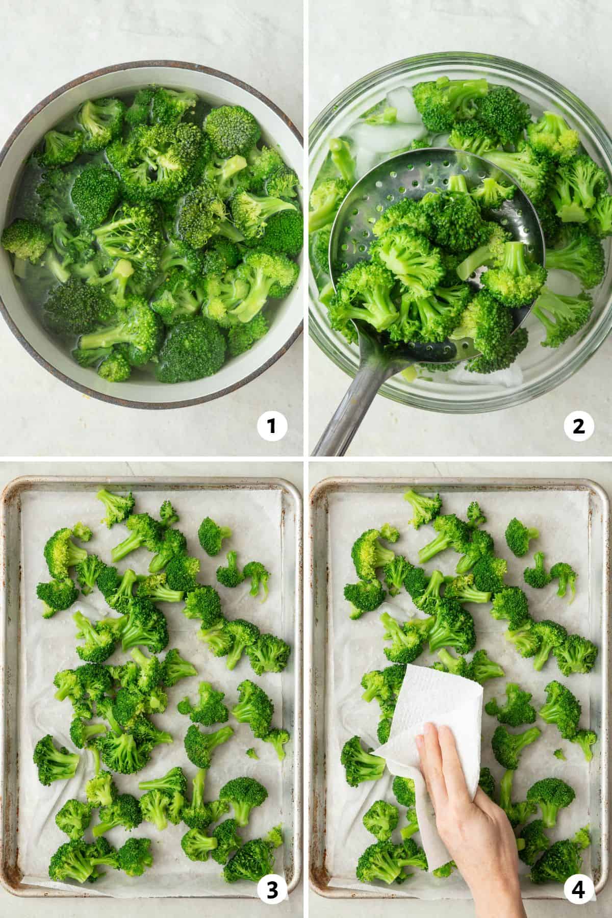 4 image collage preparing recipe: 1- broccoli in a pot of water, 2- broccoli being lifted up from an ice bath, 3- cooked broccoli on a parchment line baking sheet, 4- paper towel patting the florets dry.