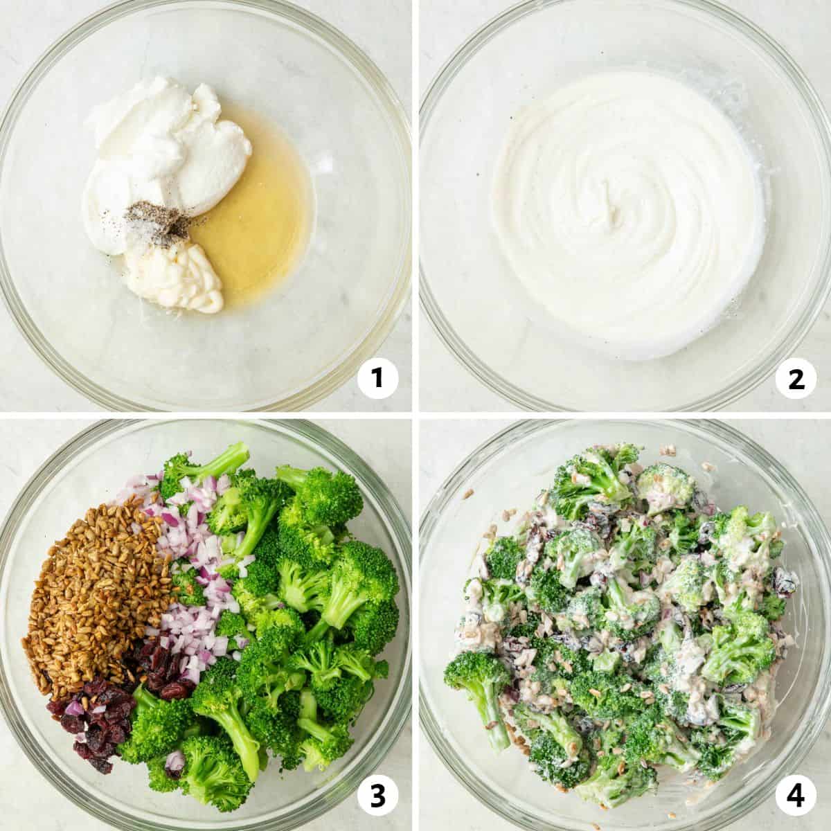 4 image collage making recipe: 1- dressing ingredients in a bowl, 2- after combining, 3- salad ingredients added on top of dressing, 4- after fully combined.