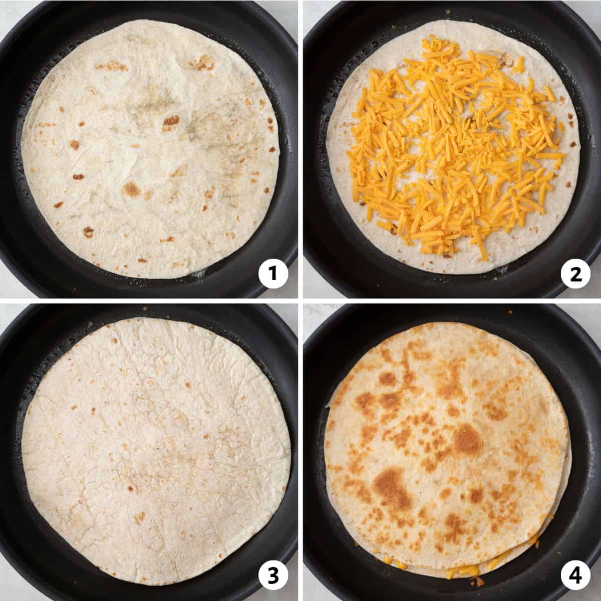 4 image collage making recipe: 1- tortilla in a pan, 2- cheese added on top, 3- another tortilla added on top of cheese, and 4- after flipping to show golden brown crust.