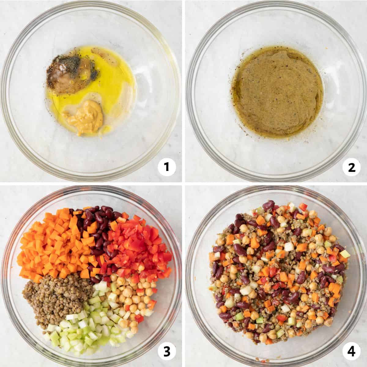 4 image collage making recipe: 1- dressing ingredients in a bowl before mixing, 2- after completely combined, 3- prepped veggies, beans, and lentils added to bowl, 4- after tossing with dressing.