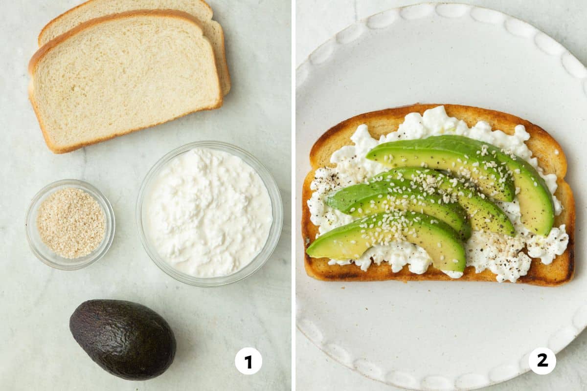 2 image collage with the first image showing unprepped ingredients for recipe, including bread, cottage cheese, avocado, and sesame seed; second image after making recipe.
