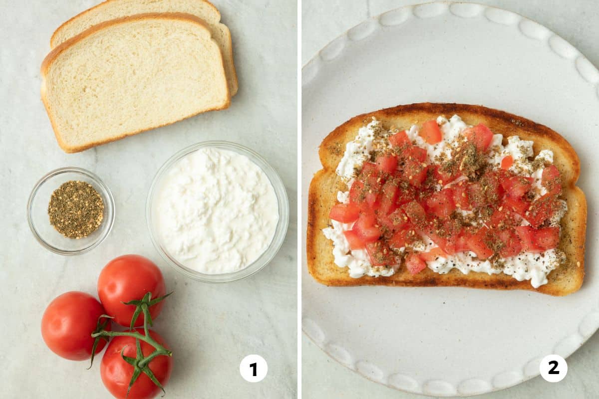 2 image collage with first image showing unprepped ingredients for recipe, including bread, cottage cheese, tomatoes, and za'atar; second image after making recipe.