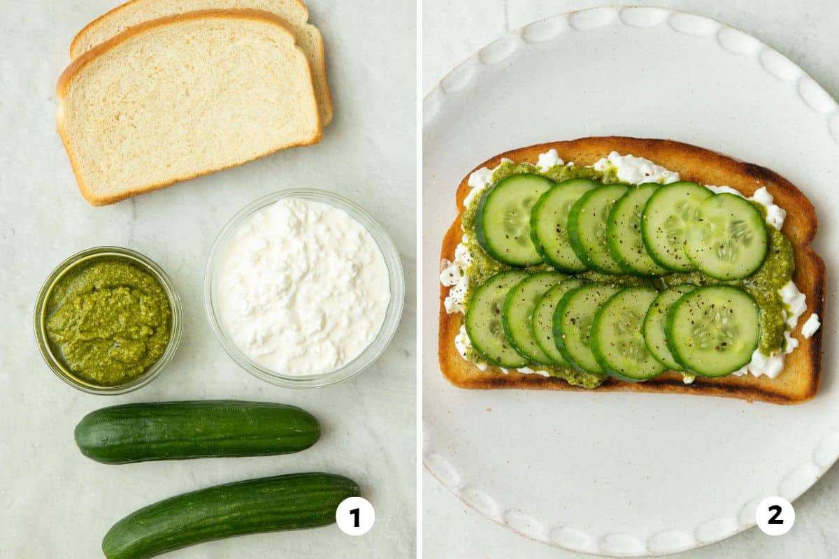 2 image collage with first image showing unprepped ingredients for recipe, including bread, cottage cheese, pesto, and cucumbers; second image after making recipe.