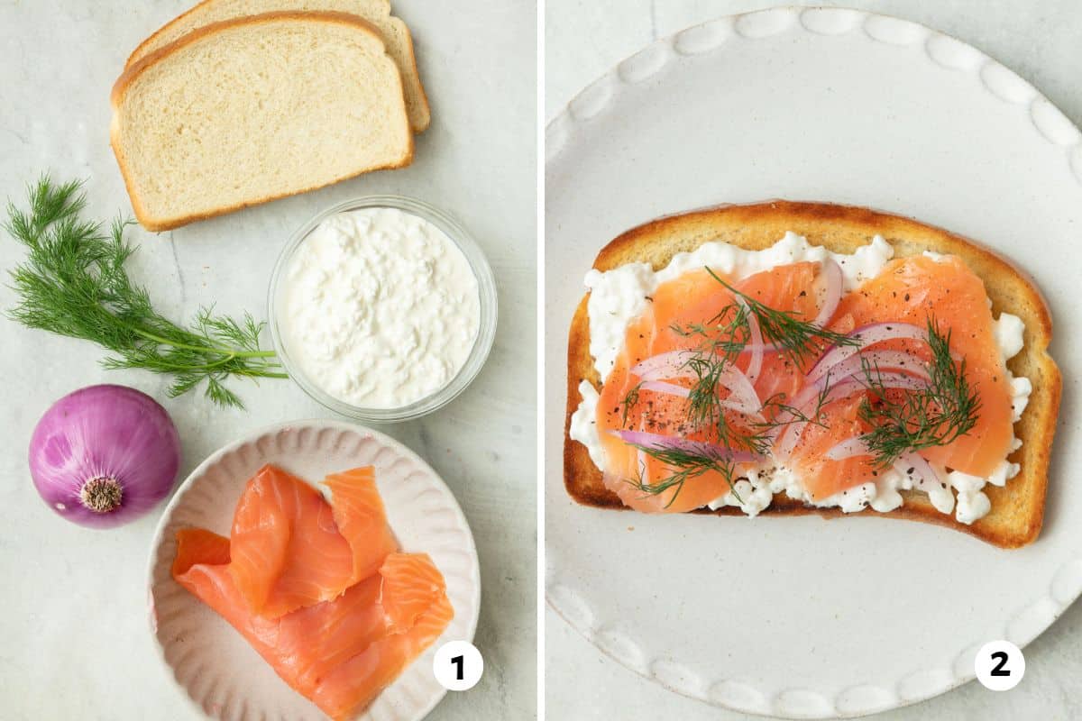 2 image collage with first image showing unprepped ingredients for recipe, including bread, cottage cheese, dill, red onion, a smoked salmon.; second image after making recipe.