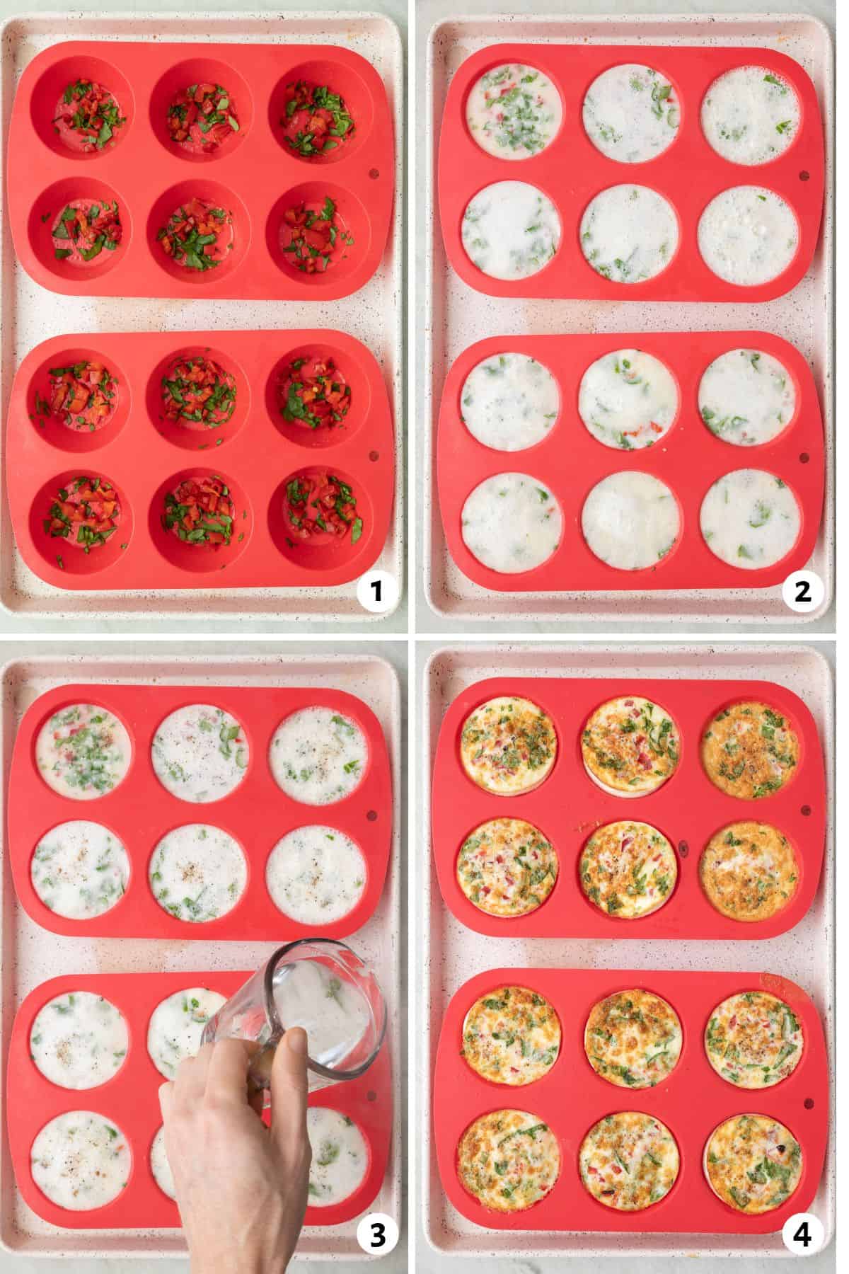 4 image collage making recipe in making recipe in a silicone muffin pan: 1- chopped red pepper and spinach divided into 12 cups, 2- egg white mixture added, 3- water being poured around muffin pans into a baking sheet, 4- after baking.