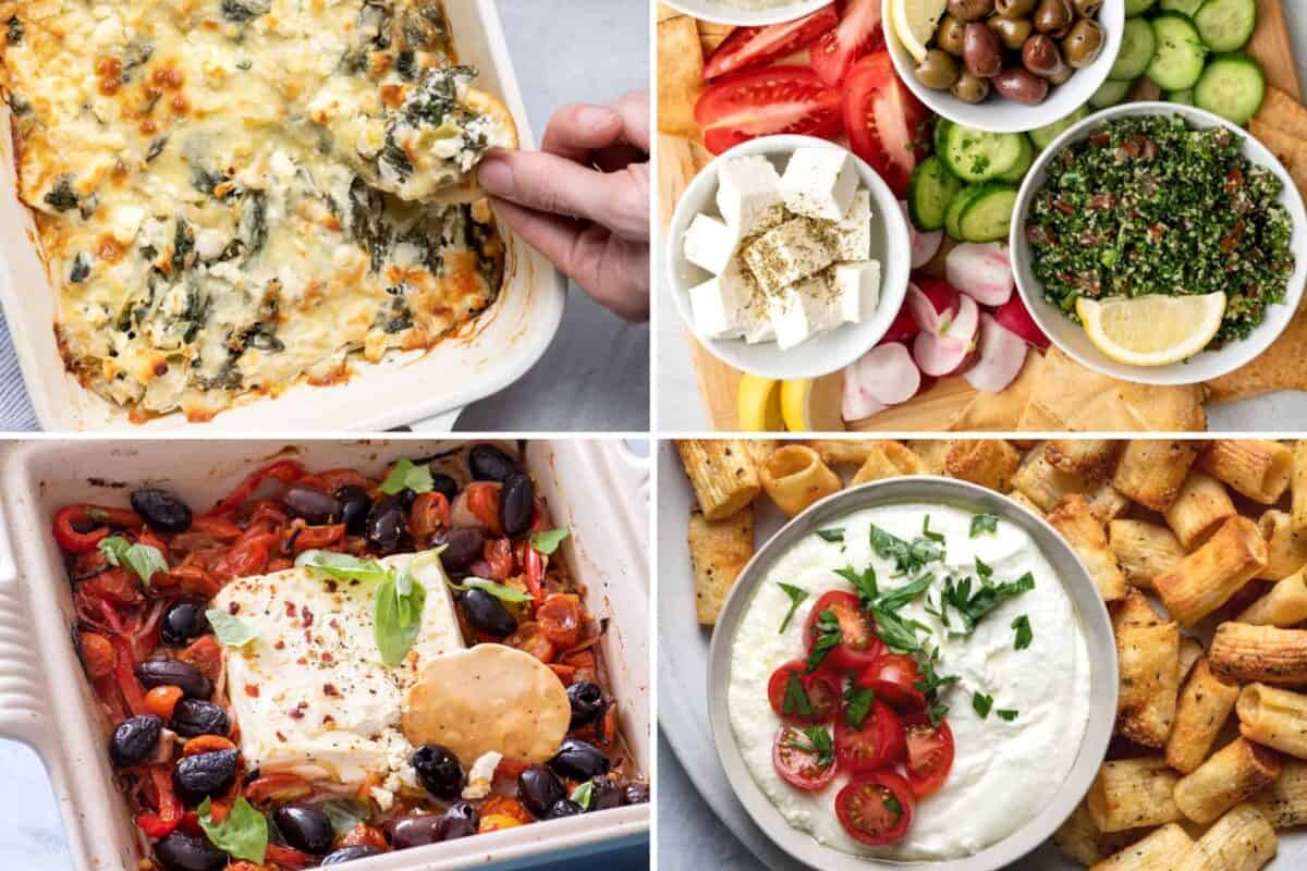 4 image collage of appetizers with feta.