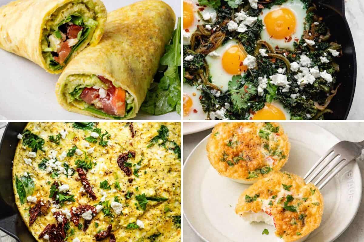 4 image collage of feta breakfasts.