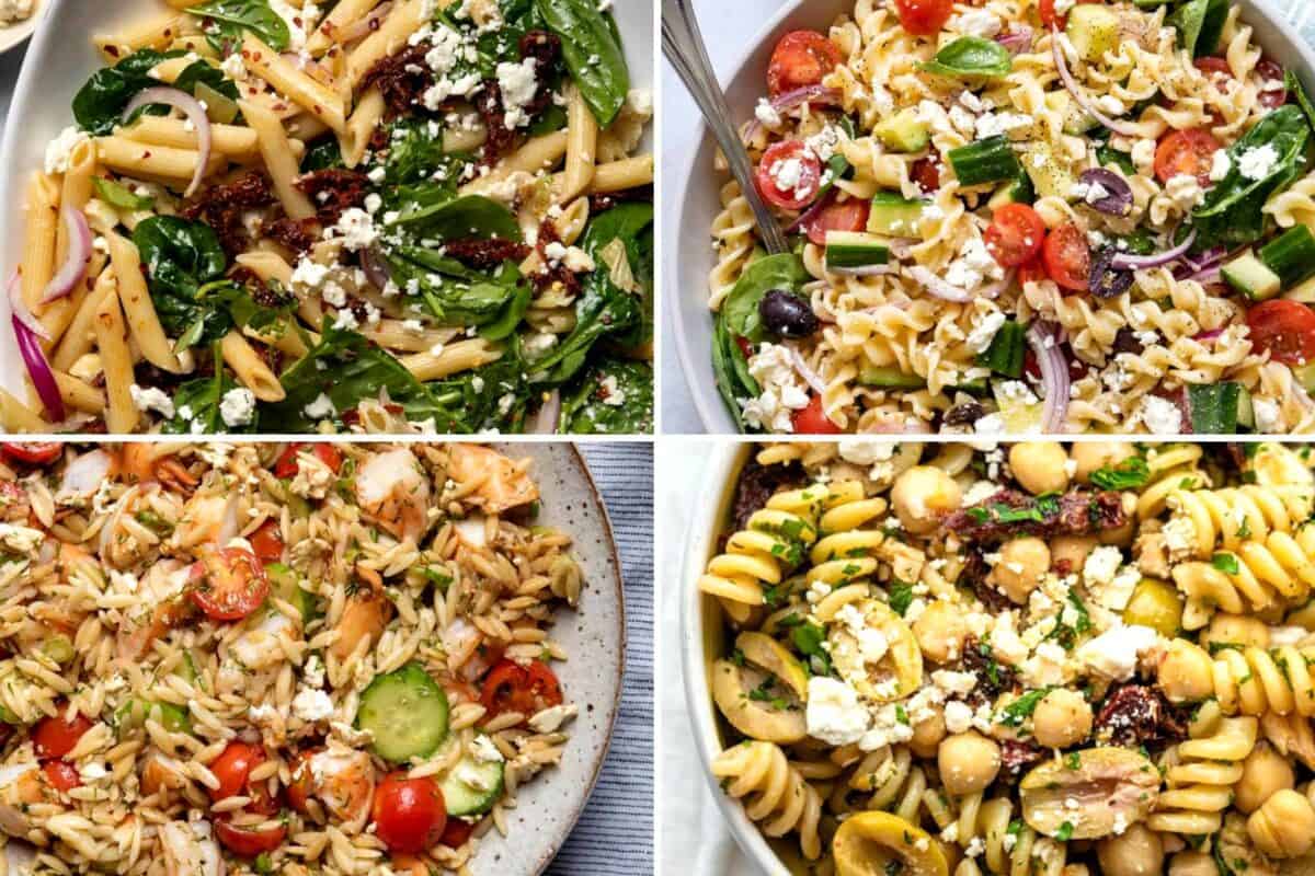 4 image collage of pasta salads.