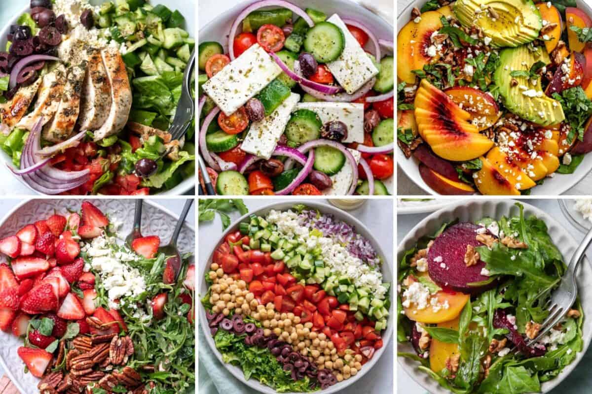 6 image collage of salad recipes with cheese.