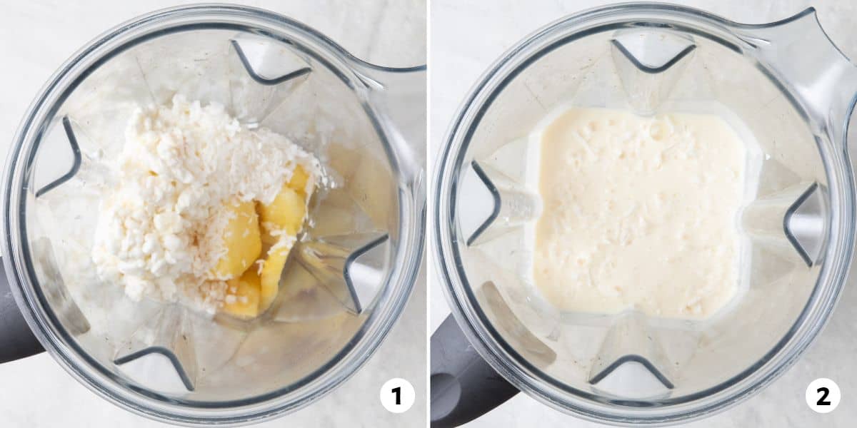 2 image collage before and after blending ingredients for pineapple coconut pops in a blender.