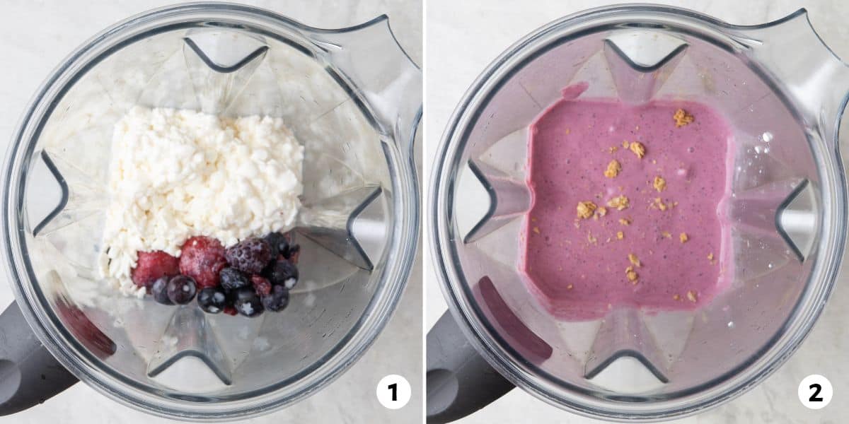 2 image collage before and after blending ingredients for mixed berry pops in a blender.