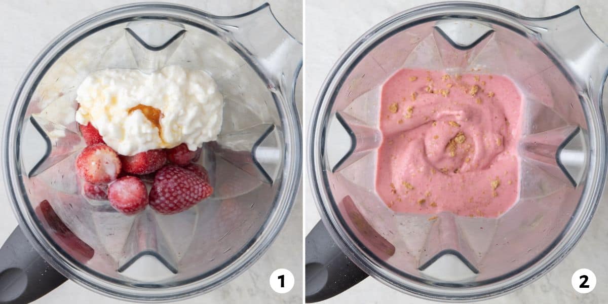 2 image collage before and after blending ingredients for strawberry cheesecake pops in a blender.