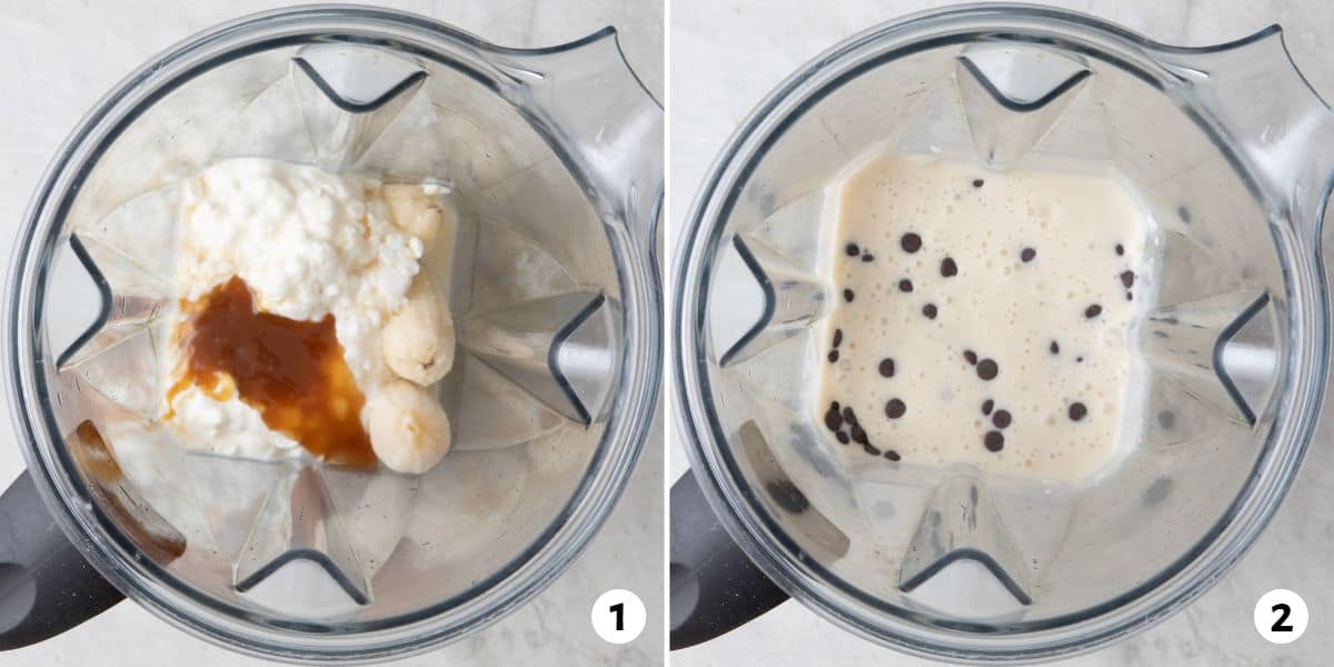 2 image collage before and after blending ingredients for banoffee pie pops in a blender.