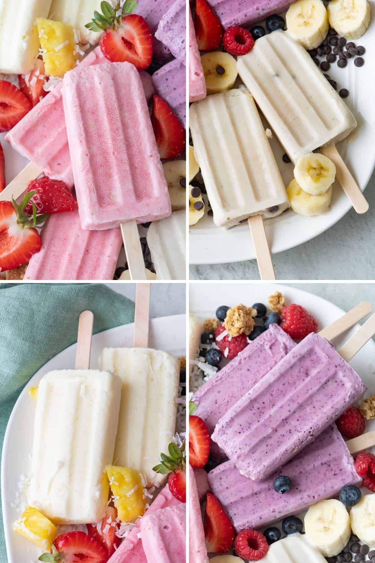 Collage of 4 different popsicles with extra ingredients for each.