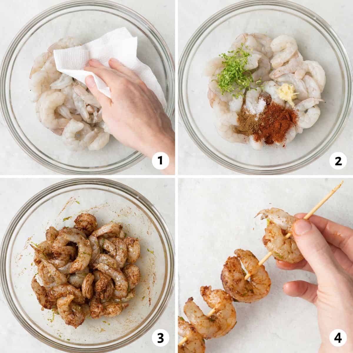 4 image collage preparing shrimp: 1- patting dry in a bowl, 2- adding seasoning on top, 3- after coating in seasoning, 4- placing a shrimp on a wooden skewer with more already on it.