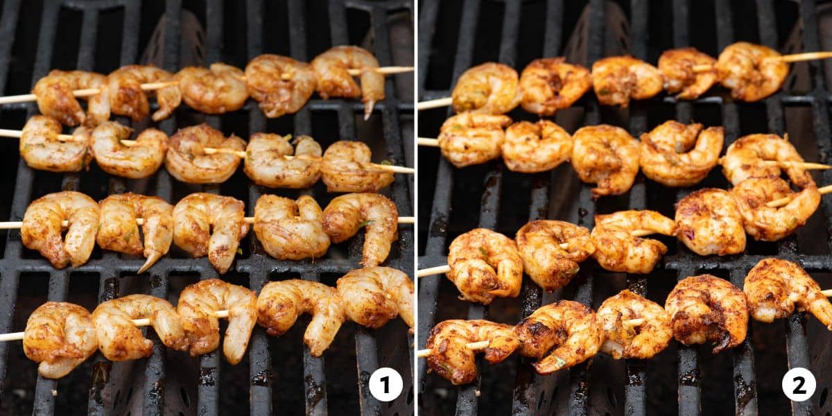 2 image collage of shrimp skewers on a grill before and after flipping.